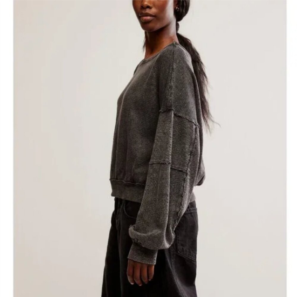 FREE PEOPLE Ife Pullover Sweater Thermal Textured Waffle Knit Crop Exposed Seams - Picture 12 of 16